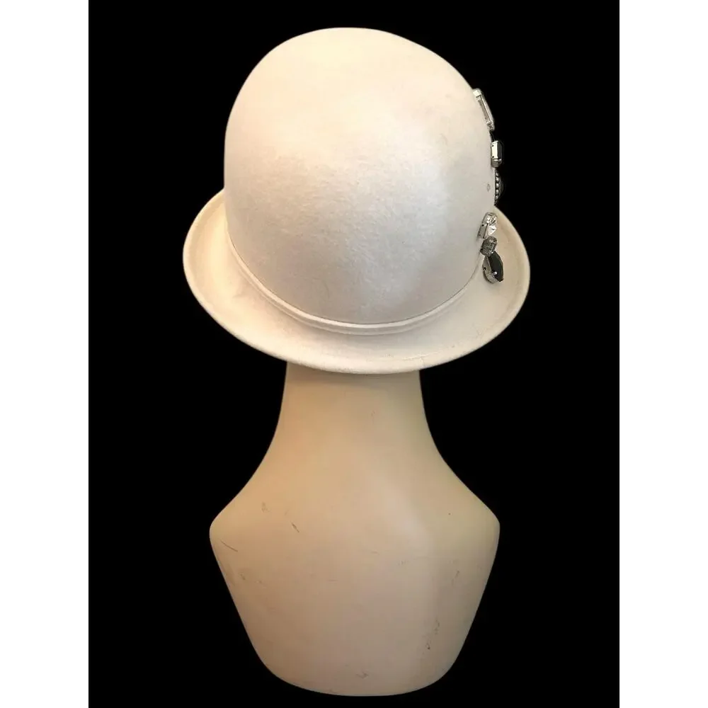 Complit by Marisa Designer 100% Wool Cream Cloche Hat Adorned One of Kind Bling - Picture 7 of 9